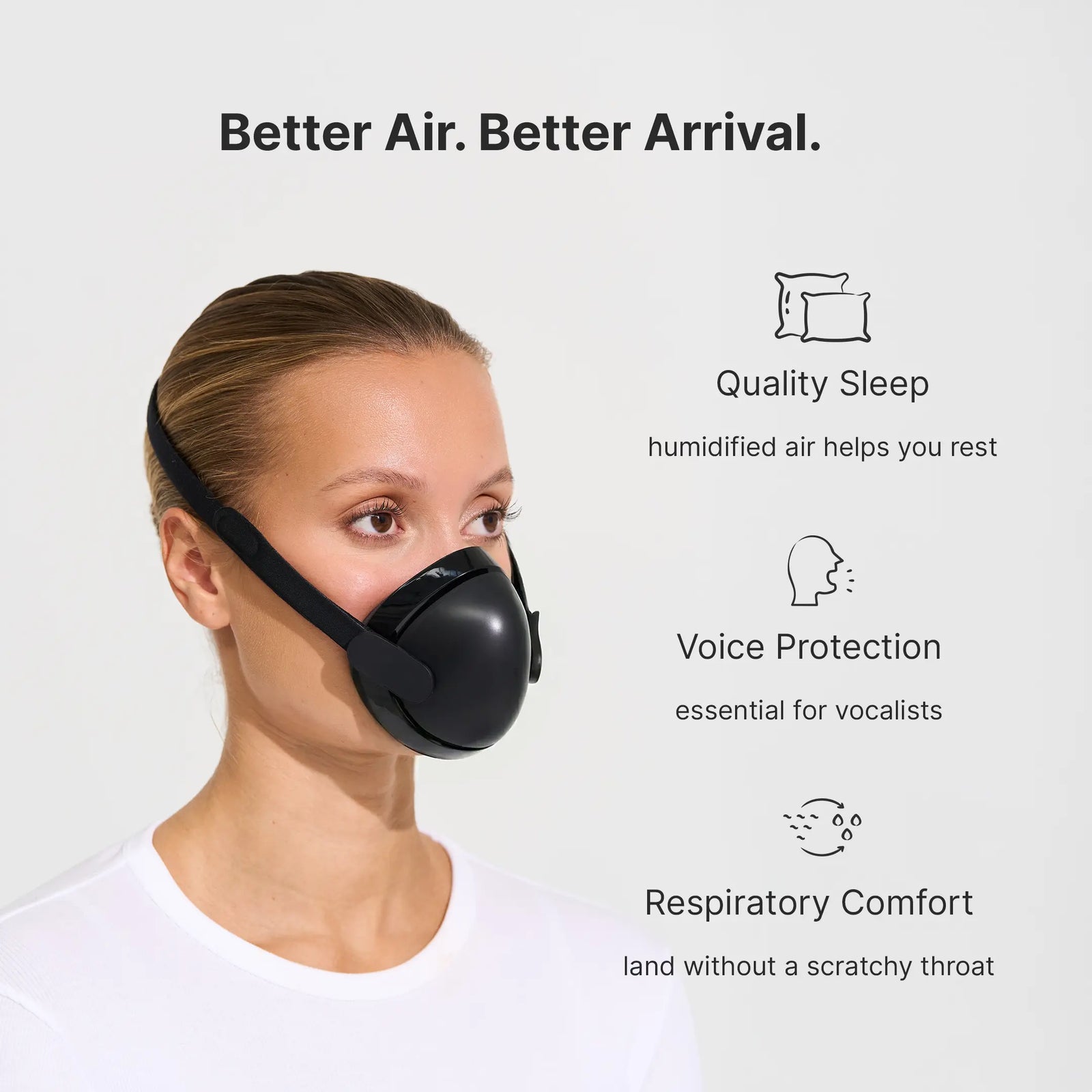Woman wearing the black Kuvola humidifier mask